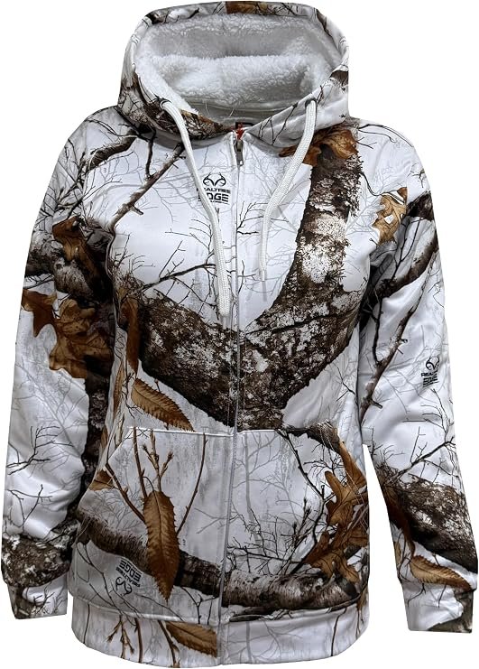 Realtree Edge Snow White Camo Women's Zip-Up Polyester Fleece Sherpa Hoodie